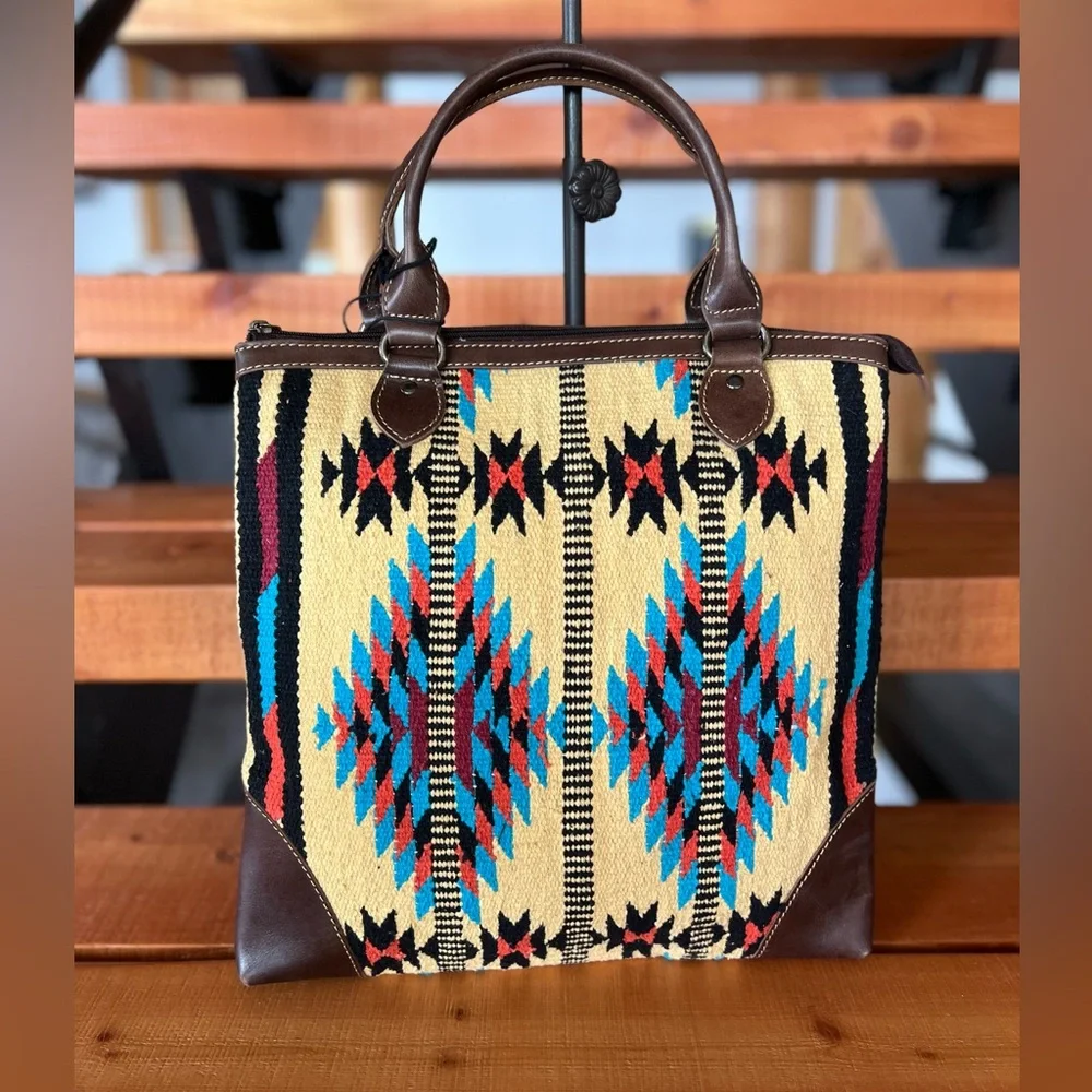 New Myra Bag Woven Rug Leather Tote Handbag Red Yellow Tribal Aztec Western - Picture 4 of 8